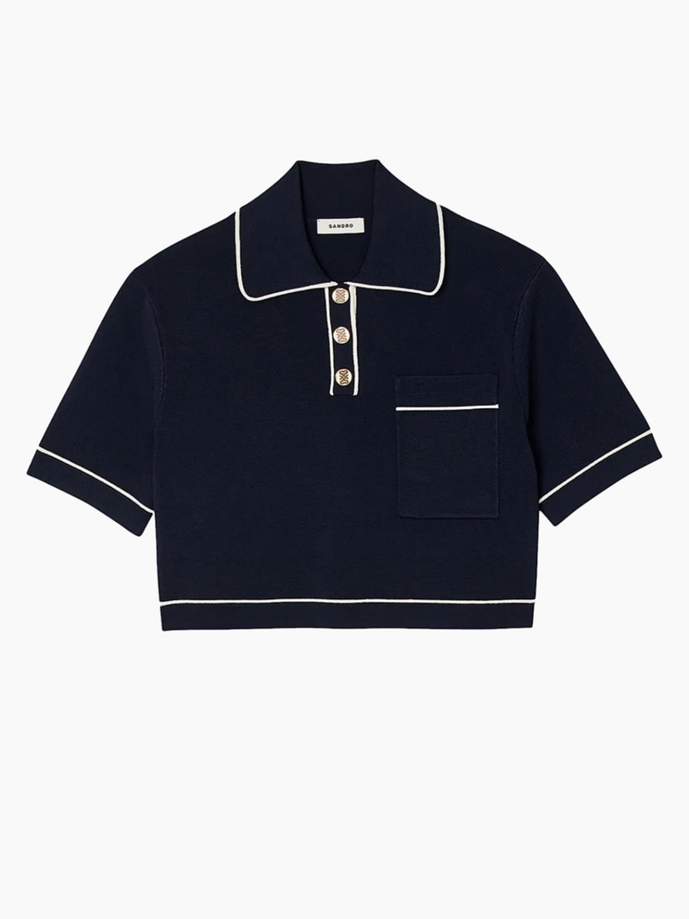 Sandro Navy Cropped Polo Top with White Piping - Picture 2 of 7